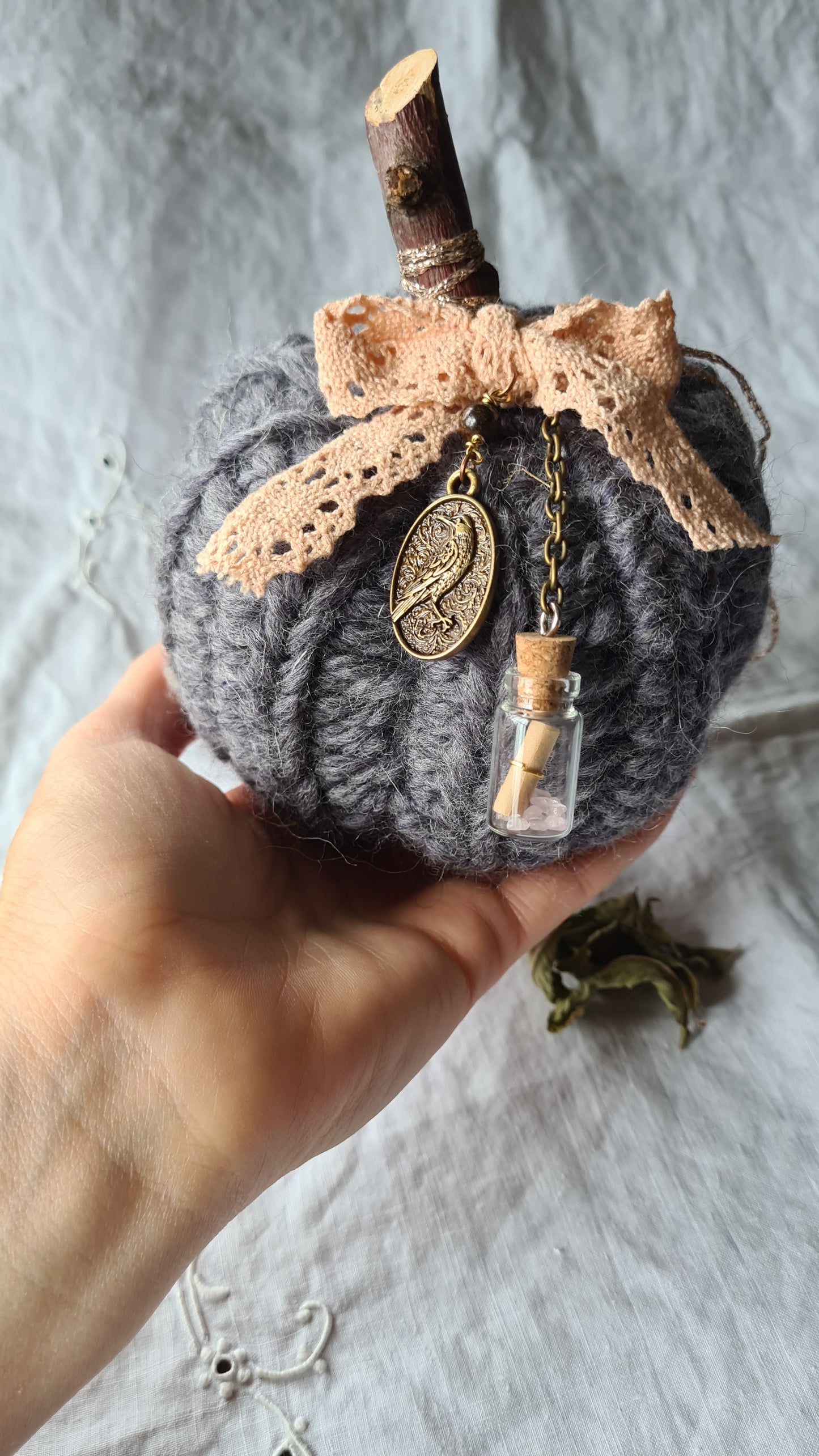 Citrouille Parme Dentelle – Ruban corail